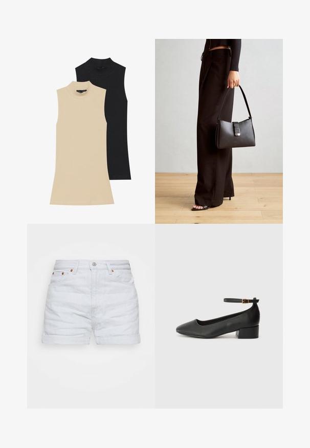 Två ärmlösa ribbade polotröjor: en beige och en svart. Båda har en figurnära design och hög hals med synliga sömsdetaljer.; Levi's® MOM A LINE SHORT - Jeansshorts - waste not; Svart läderpump med spetsig tå och en låg klack. Har en ankelsnodd med en guldtonad spänne. Slät textur.; Svart handväska med strukturerad form, slät yta och metallspänne. Matchad med vida svarta byxor och sandaler med öppen tå på trägolv.