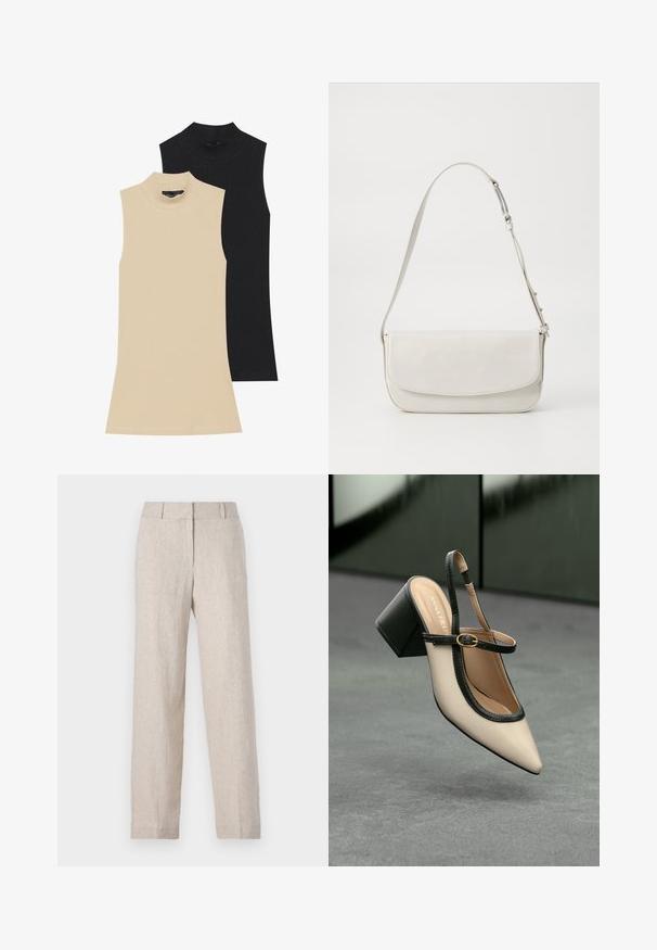 To sleeveless ribbede turtlenecks: en beige, en sort. Begge har et fitted design og høy hals med synlige sømdetaljer.; Beige linbukser med rett ben-design, høy midje og subtil tekstur. Ingen synlige lommer eller utsmykninger.; Beige spiss tå slingback sko med svart kant, gullspenne og tykk blokkheel på grått gulv med mørkegrønn bakgrunn.; Hvit lær skulderveske med en glatt overflate, rektangulær form, klaffelukking og justerbar stropp. Enkle sømmer.