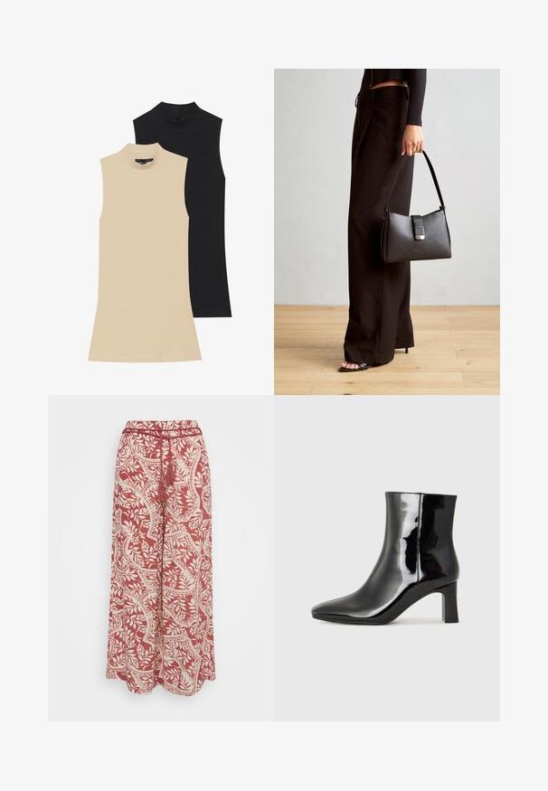 Two sleeveless ribbed turtlenecks: one beige, one black. Both feature a fitted design and high neckline with visible stitching details.; Vero Moda Petite VMBALI WIDE PANTS - Trousers - marsala; Black patent leather ankle boot with a pointed toe and a mid-height block heel. Smooth texture and minimalist design.; Black handbag with structured shape, smooth texture, and a metallic clasp. Paired with wide black pants and open-toe sandals on wooden floor.