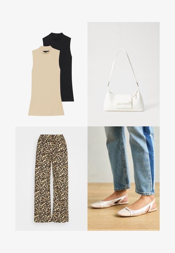 Dois golas altas sem mangas em ribana: um bege, outro preto. Ambos apresentam um design ajustado e um decote alto com detalhes de costura visíveis.; Calças largas com padrão de leopardo, com cintura elástica e cordão. Apresentam um fundo bege com manchas castanhas e pretas.; Sapatilhas slingback de cor rosa pálido com bico fino, feitas de um material semelhante a couro liso. Apresentam detalhes recortados nas laterais e um salto plano.; Mala sintética branca com formato triangular, aba frontal plana e detalhe de laço, alça ajustável, textura suave e design minimalista.