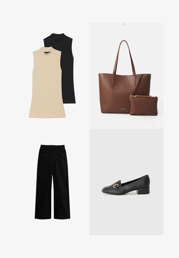 Dwie bezrękawniki z prążkowanego materiału: jeden beżowy, drugi czarny. Oba mają dopasowany krój i wysoki kołnierz z widocznymi przeszyciami.; Czarne spodnie o szerokich nogawkach wykonane z gładkiego materiału. Posiadają elastyczny pas, szlufki na pasek i brak widocznych ozdób lub wzorów.; Czarne skórzane loafersy z płaskim obcasem, z ozdobnym złotym detalem z przodu i gładką fakturą.; Brązowa torba tote z syntetycznej skóry, z dwiema długimi rączkami i dopasowaną małą saszetką. Powierzchnia ma teksturowany wzór i złote akcenty.