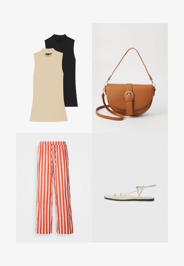 Två ärmlösa ribbade polotröjor: en beige och en svart. Båda har en figurnära design och hög hals med synliga sömsdetaljer.; Randiga, löst sittande byxor i orange och vitt, med elastisk midja och dragsnöre. Tillverkade av lätt tyg med en mjuk textur.; Beige platt sandal med flera smala remmar och ett justerbart spänne. Sulan är platt med en lätt mörk kontrast vid kanten.; Brun läder crossbody-väska med en böjd form, gyllene detaljer och en spänneaccent. Har en avtagbar axelrem.