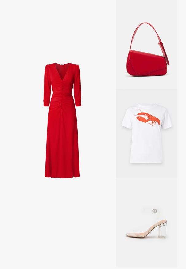 Balta medvilnė marškinėliai su dideliu, ryškiu raudonu omaru grafiku priekyje. Trumpomis rankovėmis ir standartiniu apvaliu kaklu.; Raudona suknelė su V formos iškirpte, trimis ketvirtadaliais rankovėmis ir susiraukšlėjimo detalėmis juosmens ir nugaros srityse. Audinys atrodo lygus ir lengvas.; Peršviečiami suknelės sandalai su skaidriais dirželiais ir storu kulnu. Yra šviesiai smėlio spalvos pėdos dalis ir saugus kulkšnies sagtis. Modernus, elegantiškas dizainas.; Raudona odinė rankinė su kampuota, geometrine forma. Pasižymi viena reguliuojama dirželiu ir dangteliu su siuvinėtais dekoracijomis.