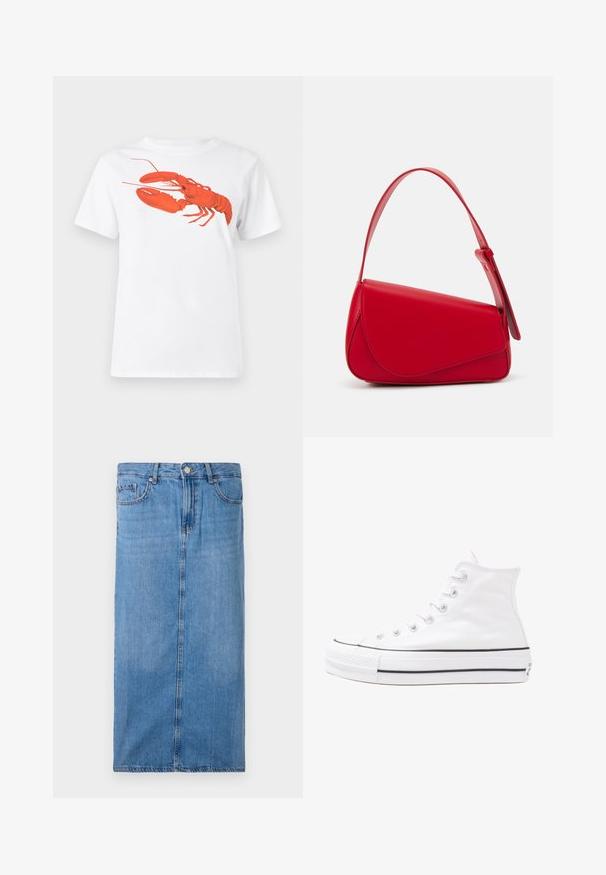 Fehér pamut póló, amelyen elöl egy nagy, élénkpiros homár grafika látható. Rövid ujjú és standard környakú kialakítás.; Világoskék farmer midi szoknya, egyenes vonalú szabással, elülső varrással, valamint normál derékrésszel, öt övhurkkal és fémből készült gombos záródással.; Fehér magaskorsó vászon sportcipő fekete gumi talppal, elülső gumi orrnyereggel és hat fűzőlyukkal, letisztult, minimalista dizájnnal.; Piros bőr kézitáska szögletes, geometrikus kialakítással. Egy állítható pánttal és varrott részletekkel ellátott fedélzárral rendelkezik.