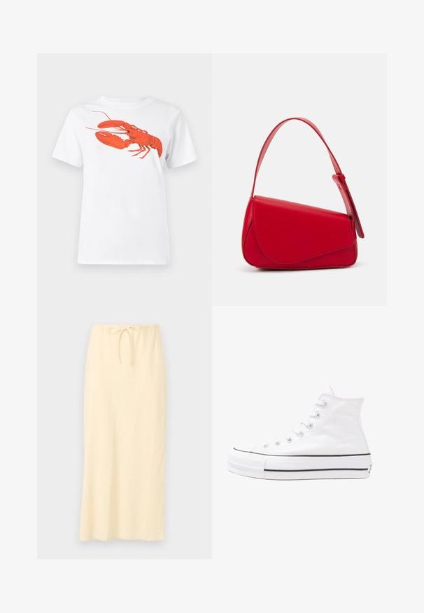 White cotton t-shirt featuring a large, bright red lobster graphic on the front. Short sleeves and standard crew neck design.; Light yellow, long skirt with a breathable fabric, and an elastic waistband featuring a drawstring for adjustable fit. Smooth texture, no patterns.; White high-top canvas sneaker with black rubber sole, front rubber toe cap, and six eyelets for laces, featuring a clean, minimalist design.; Red leather handbag with an angular, geometric design. Features a single adjustable strap and a flap closure with stitched detailing.