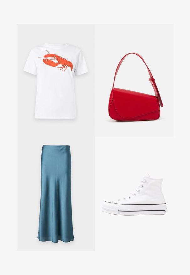 Camiseta de algodão branca com um grande gráfico de lagosta vermelha brilhante na frente. Mangas curtas e design de gola redonda padrão.; Uma saia midi de cetim verde-água com uma textura suave, forma evasé e uma cintura reta. A bainha é ligeiramente arredondada.; Sapatilha alta de tela branca com sola de borracha preta, bico de borracha na frente e seis ilhós para os atacadores, apresentando um design limpo e minimalista.; Bolsa de mão em couro vermelho com um design angular e geométrico. Apresenta uma única alça ajustável e um fecho com aba, com detalhes cosidos.