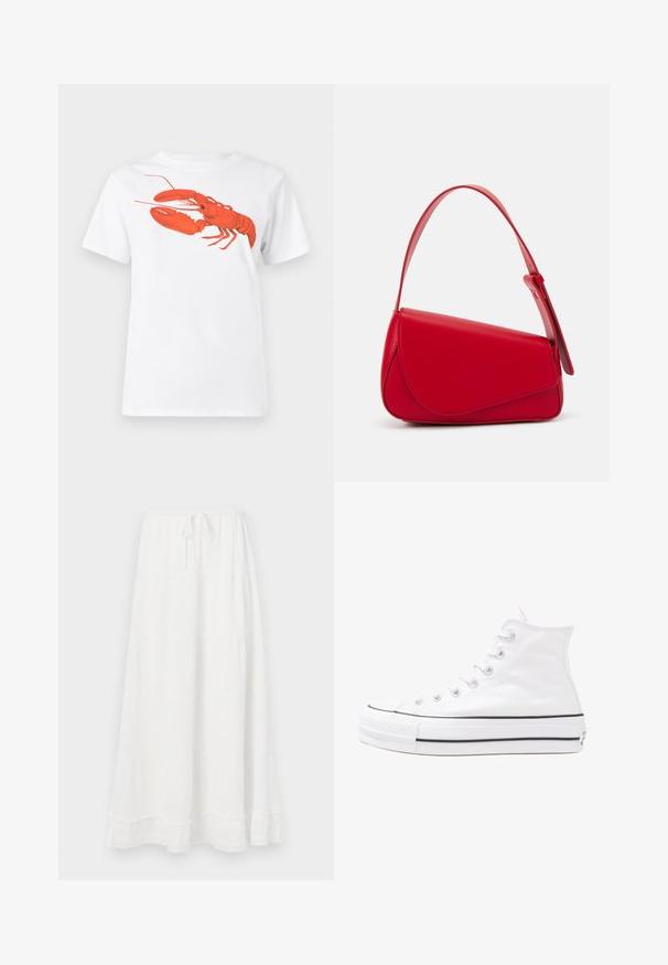 White cotton t-shirt featuring a large, bright red lobster graphic on the front. Short sleeves and standard crew neck design.; White tiered maxi skirt with an elastic waistband and drawstring, featuring a textured fabric and lace trim at the hem.; White high-top canvas sneaker with black rubber sole, front rubber toe cap, and six eyelets for laces, featuring a clean, minimalist design.; Red leather handbag with an angular, geometric design. Features a single adjustable strap and a flap closure with stitched detailing.