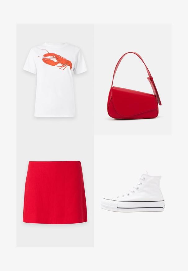 White cotton t-shirt featuring a large, bright red lobster graphic on the front. Short sleeves and standard crew neck design.; Red linen mini skirt with a simple, straight design, featuring a smooth texture and no visible patterns or hardware.; White high-top canvas sneaker with black rubber sole, front rubber toe cap, and six eyelets for laces, featuring a clean, minimalist design.; Red leather handbag with an angular, geometric design. Features a single adjustable strap and a flap closure with stitched detailing.