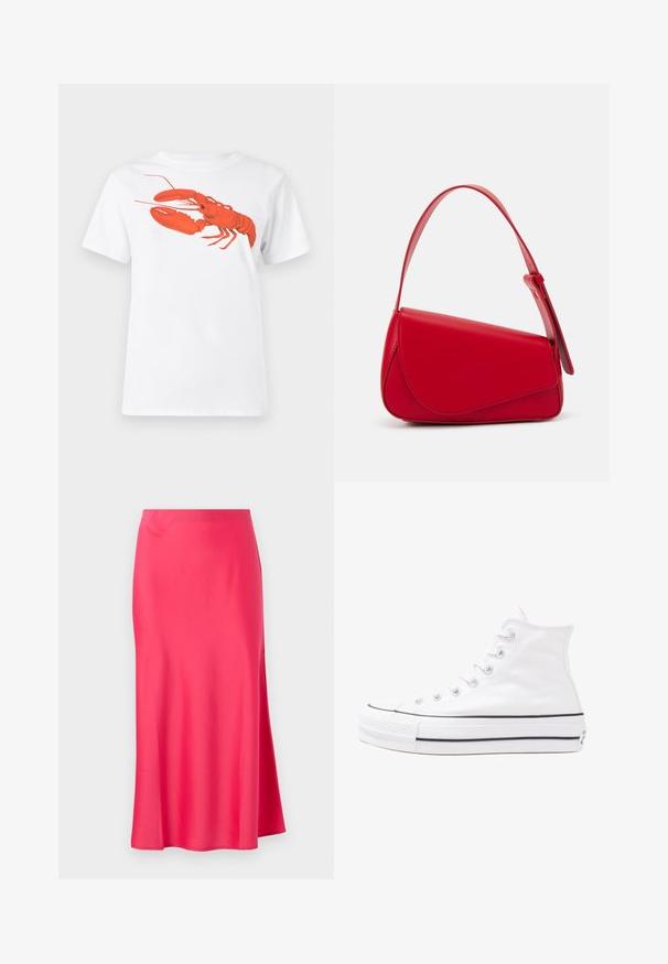 Valge puuvillane T-särk, mille ees on suur erkpunane homaarigraafika. Lühikesed varrukad ja tavaline ümar kaelus.; Satiinist midi-seelik erekirsiga, millel on külgniit. Sile tekstuur, sirge siluett ja lihtne vöökohta ilma kaunistusteta.; Valge kõrgem kangast tenniseking, millel on must kummist tald, ees kummist varvasetugi ja kuus aukku paelte jaoks, pakkudes puhta ja minimalistliku disaini.; Punane nahast käekott, millel on nurkadega geomeetriline disain. Omab ühte reguleeritavat rihma ja klappidega sulgemist, millel on õmblustega kaunistused.