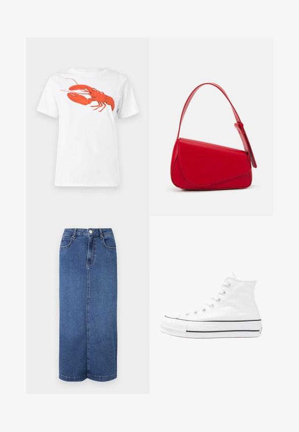 Tricou alb din bumbac, cu un grafic mare, viu colorat de homar roșu pe față. Mâneci scurte și un guler standard de tip crew neck.; Fustă maxi din denim de culoare albastră închisă, cu croi drept, talie cu închidere prin nasture și detalii minime de cusături.; Adidași albi tip pantofi sport cu glezna din pânză, cu talpă din cauciuc negru, capac de vârf din cauciuc frontal și șase ochiuri pentru șireturi, având un design curat și minimalist.; Geantă de mână din piele roșie, cu un design unghiular și geometric. Dispune de o singură curea ajustabilă și un sistem de închidere cu clapetă, cu detalii cusute.