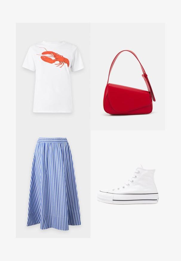 White cotton t-shirt featuring a large, bright red lobster graphic on the front. Short sleeves and standard crew neck design.; Blue and white striped skirt, featuring an elastic waistband and a flowing A-line silhouette, made from lightweight fabric.; White high-top canvas sneaker with black rubber sole, front rubber toe cap, and six eyelets for laces, featuring a clean, minimalist design.; Red leather handbag with an angular, geometric design. Features a single adjustable strap and a flap closure with stitched detailing.