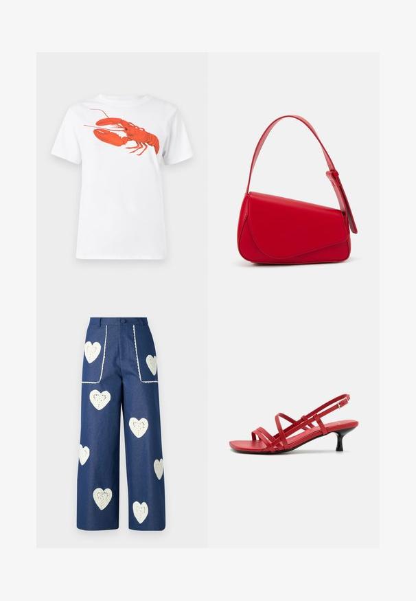 White cotton t-shirt featuring a large, bright red lobster graphic on the front. Short sleeves and standard crew neck design.; Sister Jane HEART TO HEART - Straight leg jeans - blue denim; Red strappy sandals featuring a slim, high heel. The upper is made of smooth material with a flat sole and an ankle strap for support.; Red leather handbag with an angular, geometric design. Features a single adjustable strap and a flap closure with stitched detailing.