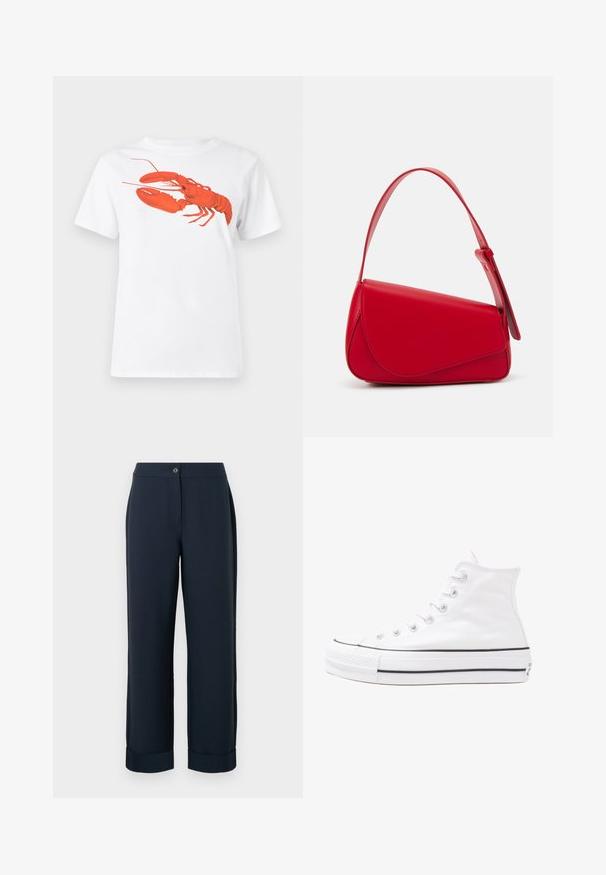 White cotton t-shirt featuring a large, bright red lobster graphic on the front. Short sleeves and standard crew neck design.; Navy blue tailored pants with a straight cut, featuring a button closure and cuffed hems, crafted from a smooth, lightweight fabric.; White high-top canvas sneaker with black rubber sole, front rubber toe cap, and six eyelets for laces, featuring a clean, minimalist design.; Red leather handbag with an angular, geometric design. Features a single adjustable strap and a flap closure with stitched detailing.