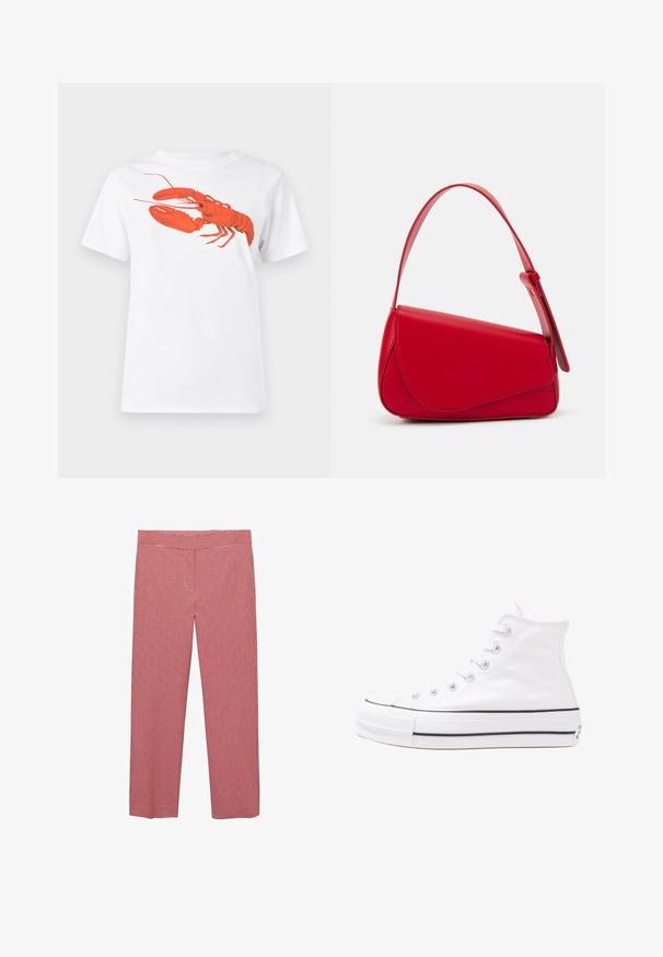T-shirt en coton blanc avec un grand graphisme de homard rouge vif sur le devant. Manches courtes et design à col rond standard.; Pantalons à carreaux rouges et blancs avec un design à jambes larges, une texture lisse et une taille mi-haute. Convient pour un usage décontracté.; Baskets montantes en toile blanche avec semelle en caoutchouc noir, capuchon en caoutchouc à l'avant, et six œillets pour les lacets, présentant un design épuré et minimaliste.; Sac à main en cuir rouge avec un design angulaire et géométrique. Il dispose d'une seule sangle ajustable et d'une fermeture à rabat avec un detailing cousu.