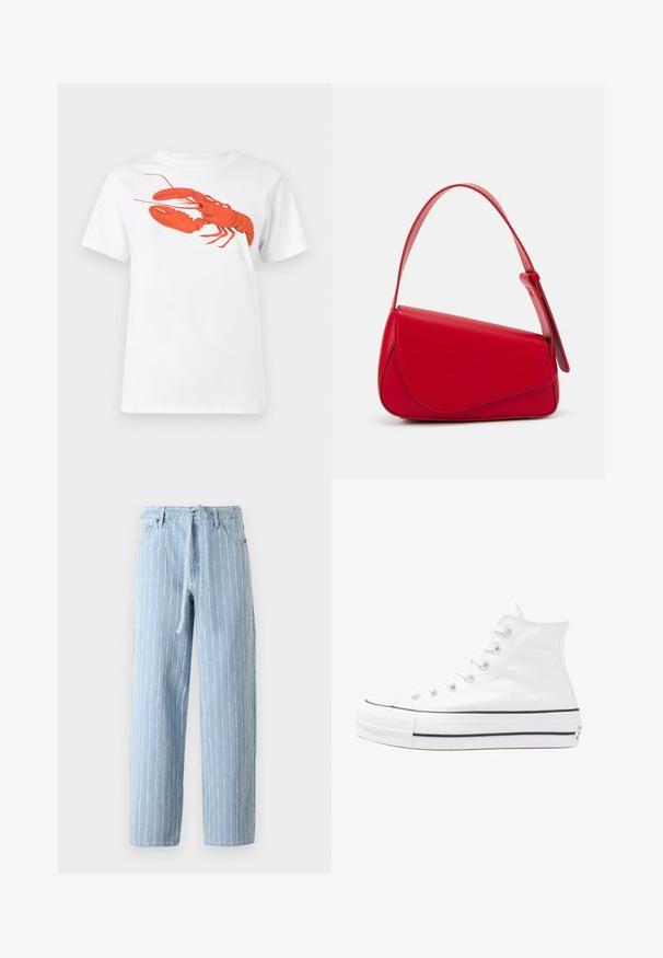 Balta kokvilnas T-krekls ar lielu, spilgti sarkanu omāru grafiku uz priekšu. Īsas piedurknes un standarta apļveida kakla dizains.; Gai zili džinsi ar vertikālām baltām svītrām, augsta jostasvieta, vaļīga piegriezuma, ar siksnas cilpiņām un saplēstu maliņu. Divas priekšējās kabatas un rāvējslēdzējs.; Balti augstie kanvas sporta apavi ar melnu gumijas zoli, priekšējo gumijas purngalu un sešām acīm lencēm, kuriem ir tīrs, minimālistisks dizains.; Sarkans ādas rokassomi ar stūrainu, ģeometrisku dizainu. Iekļauj vienu regulējamu siksnu un vāku ar izšūtu detaļu.