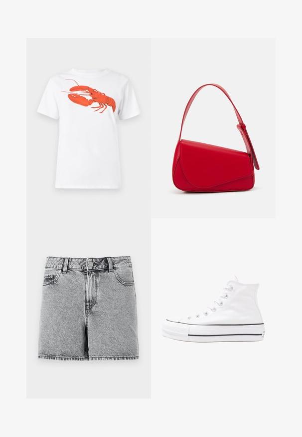 Hvit bomull t-skjorte med et stort, lyst rødt hummermotiv på fronten. Korte ermer og standard rund hals-design.; Svarte og grå denimshorts med høy midje, fem-lommers design og frynset kant. Har en falmet tekstur og metallknapplukking.; Hvit høy-skinn kanvas sneakers med svart gummisåle, gummitåhette foran og seks hull for snorer, med et rent, minimalistisk design.; Rød lærveske med en vinklet, geometrisk design. Har en enkelt justerbar stropp og en klaffelukking med sydd detaljer.
