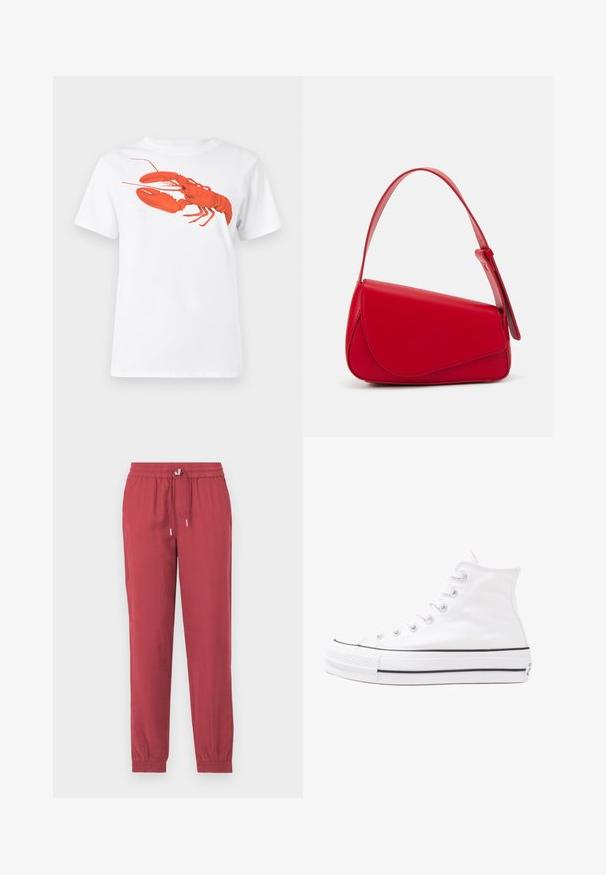 White cotton t-shirt featuring a large, bright red lobster graphic on the front. Short sleeves and standard crew neck design.; Red, lightweight, tapered pants with an elastic waistband and drawstring. Features ankle cuffs and a smooth texture.; White high-top canvas sneaker with black rubber sole, front rubber toe cap, and six eyelets for laces, featuring a clean, minimalist design.; Red leather handbag with an angular, geometric design. Features a single adjustable strap and a flap closure with stitched detailing.