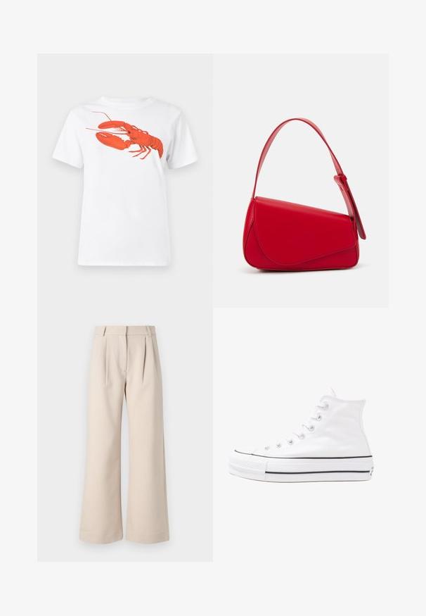 Weißes Baumwoll-T-Shirt mit einem großen, leuchtend roten Hummer-Design auf der Vorderseite. Mit kurzen Ärmeln und klassischem Rundhalsausschnitt.; Beige weit geschnittene Hose mit gefaltetem Vorderteil, aus leichtem Stoff gefertigt. Sie hat eine hohe Taille und eine schmal geschnittene Silhouette für einen lässigen Sitz.; Weiße hochwertige Leinensneaker mit schwarzer Gummisohle, vorderem Gummizehenschutz und sechs Ösen für Schnürsenkel, die ein sauberes, minimalistisches Design aufweisen.; Rote Lederhandtasche mit einem kantigen, geometrischen Design. Verfügt über einen verstellbaren Schulterriemen und einen Klappenverschluss mit genähten Details.