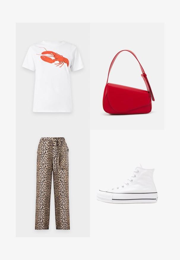 White cotton t-shirt featuring a large, bright red lobster graphic on the front. Short sleeves and standard crew neck design.; Leopard print wide-leg trousers in a soft fabric, featuring a tied waist detail and a smooth texture. Color palette includes beige and black.; White high-top canvas sneaker with black rubber sole, front rubber toe cap, and six eyelets for laces, featuring a clean, minimalist design.; Red leather handbag with an angular, geometric design. Features a single adjustable strap and a flap closure with stitched detailing.