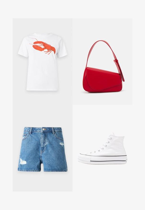 Balta kokvilnas T-krekls ar lielu, spilgti sarkanu omāru grafiku uz priekšu. Īsas piedurknes un standarta apļveida kakla dizains.; Gaiši zili džinsu šorti ar novecojošu apdari. Iezīmēta ar vidukļa joslu, priekšējām kabatām un saplēstu apakšmalu. Standarta piecu kabatu dizains.; Balti augstie kanvas sporta apavi ar melnu gumijas zoli, priekšējo gumijas purngalu un sešām acīm lencēm, kuriem ir tīrs, minimālistisks dizains.; Sarkans ādas rokassomi ar stūrainu, ģeometrisku dizainu. Iekļauj vienu regulējamu siksnu un vāku ar izšūtu detaļu.