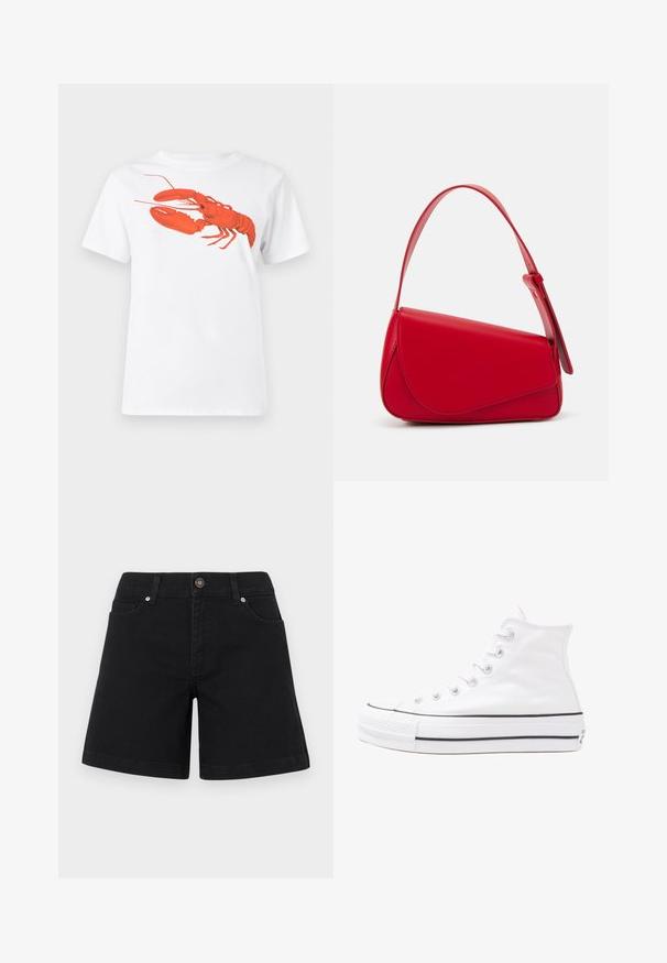 Hvit bomull t-skjorte med et stort, lyst rødt hummermotiv på fronten. Korte ermer og standard rund hals-design.; Sorte denimshorts med rett bendesign, frontlommer og knappelukking i livet. Glatt tekstur og minimalistisk stil.; Hvit høy-skinn kanvas sneakers med svart gummisåle, gummitåhette foran og seks hull for snorer, med et rent, minimalistisk design.; Rød lærveske med en vinklet, geometrisk design. Har en enkelt justerbar stropp og en klaffelukking med sydd detaljer.