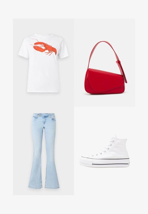 Weißes Baumwoll-T-Shirt mit einem großen, leuchtend roten Hummer-Design auf der Vorderseite. Mit kurzen Ärmeln und klassischem Rundhalsausschnitt.; Hellblaue ausgestellt geschnittene Jeans aus Denim. Verfügt über fünf Taschen, eine Metallschließe und nähtechnische Details entlang der Nähte und des Saums.; Weiße hochwertige Leinensneaker mit schwarzer Gummisohle, vorderem Gummizehenschutz und sechs Ösen für Schnürsenkel, die ein sauberes, minimalistisches Design aufweisen.; Rote Lederhandtasche mit einem kantigen, geometrischen Design. Verfügt über einen verstellbaren Schulterriemen und einen Klappenverschluss mit genähten Details.