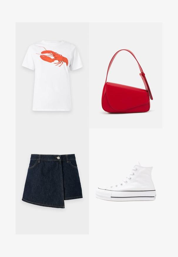 Camiseta de algodão branca com um grande gráfico de lagosta vermelha brilhante na frente. Mangas curtas e design de gola redonda padrão.; Saia de ganga com um tom escuro, formato em A, fecho frontal com botões e detalhes de costura discretos. Apresenta um design de envoltório lateral.; Sapatilha alta de tela branca com sola de borracha preta, bico de borracha na frente e seis ilhós para os atacadores, apresentando um design limpo e minimalista.; Bolsa de mão em couro vermelho com um design angular e geométrico. Apresenta uma única alça ajustável e um fecho com aba, com detalhes cosidos.