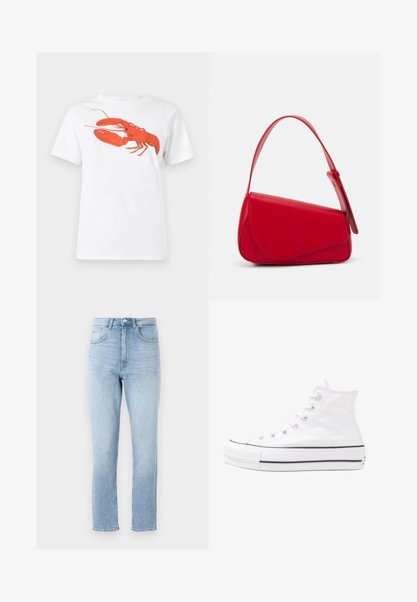 Camiseta de algodão branca com um grande gráfico de lagosta vermelha brilhante na frente. Mangas curtas e design de gola redonda padrão.; Jeans de ganga azul claro com uma cintura alta, pernas retas, cinco bolsos e um desgaste subtil. Apresenta um fecho de botão e zipper.; Sapatilha alta de tela branca com sola de borracha preta, bico de borracha na frente e seis ilhós para os atacadores, apresentando um design limpo e minimalista.; Bolsa de mão em couro vermelho com um design angular e geométrico. Apresenta uma única alça ajustável e um fecho com aba, com detalhes cosidos.