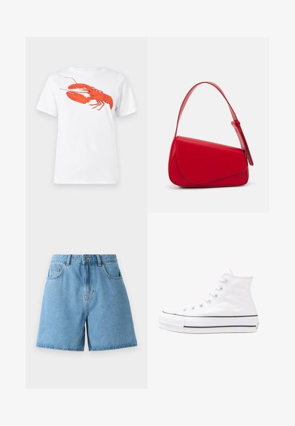 White cotton t-shirt featuring a large, bright red lobster graphic on the front. Short sleeves and standard crew neck design.; Light blue denim shorts with a high waist, two front pockets, and a button closure. The fabric has a smooth texture with subtle fading.; White high-top canvas sneaker with black rubber sole, front rubber toe cap, and six eyelets for laces, featuring a clean, minimalist design.; Red leather handbag with an angular, geometric design. Features a single adjustable strap and a flap closure with stitched detailing.
