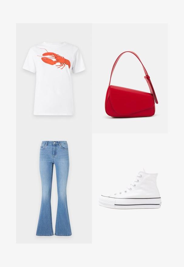 White cotton t-shirt featuring a large, bright red lobster graphic on the front. Short sleeves and standard crew neck design.; Light blue flared jeans with a smooth denim texture, featuring scattered silver studs for embellishment on the front and a classic five-pocket design.; White high-top canvas sneaker with black rubber sole, front rubber toe cap, and six eyelets for laces, featuring a clean, minimalist design.; Red leather handbag with an angular, geometric design. Features a single adjustable strap and a flap closure with stitched detailing.