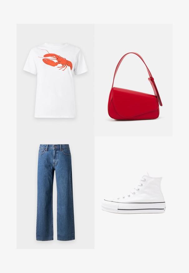 Biely bavlnený tričko s veľkým, jasne červeným grafickým zobrazením homára na prednej strane. Krátke rukávy a štandardný dizajn s okrúhlym výstrihom.; Džínsy s širokými nohavicami v modrej farbe, vyrobené z denimu, s klasickým dizajnom piatich vreciek, zapínaním na gombík a jemným prechodom farby, s rovnými nohavicami na okraji.; Biele vysoké plátené tenisky s čiernou gumovou podošvou, prednou gumovou špičkou a šiestimi okami na šnúrky, s čistým, minimalistickým dizajnom.; Červená kožená kabelka s ostrým, geometrickým dizajnom. Má jeden nastaviteľný popruh a uzatváranie na klopu so šitím.