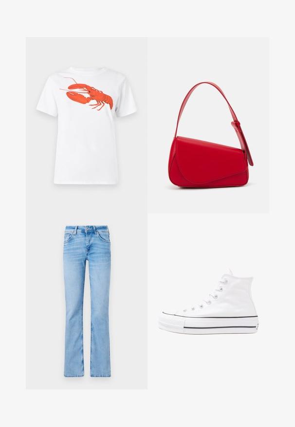 Balta kokvilnas T-krekls ar lielu, spilgti sarkanu omāru grafiku uz priekšu. Īsas piedurknes un standarta apļveida kakla dizains.; Gaiši zili džinsaini bikses ar piecām kabatām, pogas aizdari un jostas cilpām, ar izbalējušām vietām un gludu tekstūru.; Balti augstie kanvas sporta apavi ar melnu gumijas zoli, priekšējo gumijas purngalu un sešām acīm lencēm, kuriem ir tīrs, minimālistisks dizains.; Sarkans ādas rokassomi ar stūrainu, ģeometrisku dizainu. Iekļauj vienu regulējamu siksnu un vāku ar izšūtu detaļu.