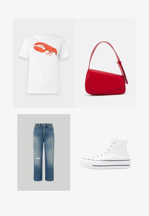 Bela bomba iz bombaža z velikim, svetlo rdečim grafikonom jastreba na sprednji strani. Kratki rokavi in standarden kroj s okroglim izrezom.; Modri jeans iz denim materiala z udobnim krojem, ki vsebujejo obrabljene lise in neposreden kroj nogav. Klasična zasnova s petimi žepi in gumbom za zapiranje.; Beli visoki platneni športni čevelj z črnim gumijastim podplatom, sprednjim gumijastim zaščitnikom za prste in šestimi luknjicami za vezalke, ki se ponaša s preprostim, minimalističnim dizajnom.; Rdeča usnjena torba z angularnim, geometrijskim dizajnom. Ima en samostoječ nastavljiv ročaj in pokrov, zaprt z zapiranjem, ki je okrašen s šivi.