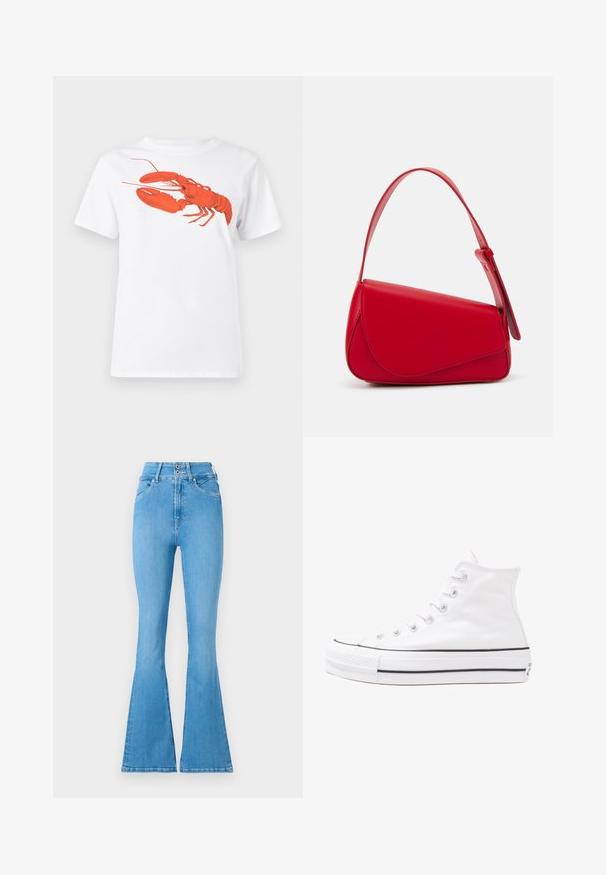 Bela bomba iz bombaža z velikim, svetlo rdečim grafikonom jastreba na sprednji strani. Kratki rokavi in standarden kroj s okroglim izrezom.; Svijetloplave traper hlače s flared krojem i visokim strukom, s dvostrukim kopčanjem i suptilnim detaljima šivanja. Glatka tekstura kroz cijelu hlaču.; Beli visoki platneni športni čevelj z črnim gumijastim podplatom, sprednjim gumijastim zaščitnikom za prste in šestimi luknjicami za vezalke, ki se ponaša s preprostim, minimalističnim dizajnom.; Rdeča usnjena torba z angularnim, geometrijskim dizajnom. Ima en samostoječ nastavljiv ročaj in pokrov, zaprt z zapiranjem, ki je okrašen s šivi.