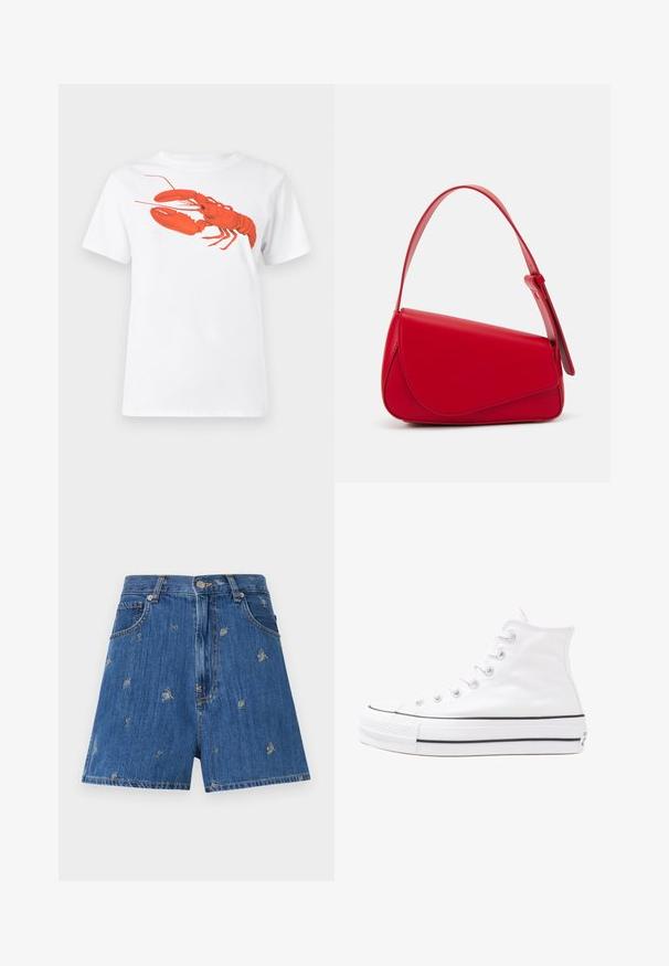 Balta kokvilnas T-krekls ar lielu, spilgti sarkanu omāru grafiku uz priekšu. Īsas piedurknes un standarta apļveida kakla dizains.; Denim šorti vidēji zilā krāsā ar izšūtām ziedu un tauriņu rakstiem. Ir klasiska piecu kabatu dizains un pogu aizdare.; Balti augstie kanvas sporta apavi ar melnu gumijas zoli, priekšējo gumijas purngalu un sešām acīm lencēm, kuriem ir tīrs, minimālistisks dizains.; Sarkans ādas rokassomi ar stūrainu, ģeometrisku dizainu. Iekļauj vienu regulējamu siksnu un vāku ar izšūtu detaļu.