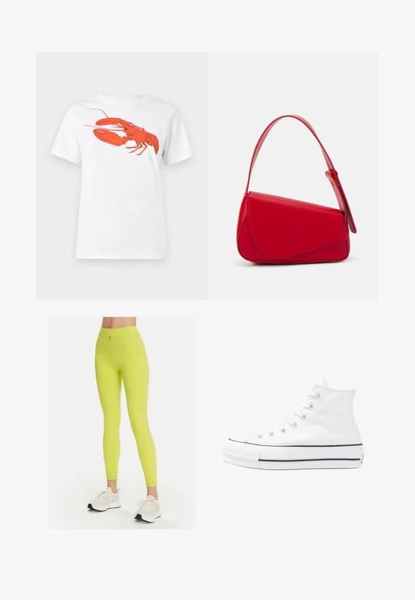 Balta kokvilnas T-krekls ar lielu, spilgti sarkanu omāru grafiku uz priekšu. Īsas piedurknes un standarta apļveida kakla dizains.; Neon dzeltenas legingi ar augstu jostasvietu, gludu tekstūru un izliektām šuvēm; uz jostas ir neliels logo. Saskaņoti ar baltām sporta apaviem.; Balti augstie kanvas sporta apavi ar melnu gumijas zoli, priekšējo gumijas purngalu un sešām acīm lencēm, kuriem ir tīrs, minimālistisks dizains.; Sarkans ādas rokassomi ar stūrainu, ģeometrisku dizainu. Iekļauj vienu regulējamu siksnu un vāku ar izšūtu detaļu.