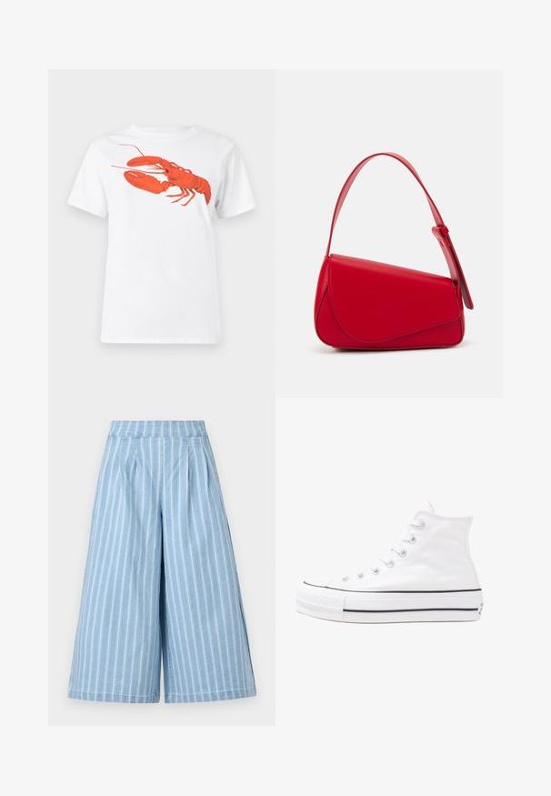 Fehér pamut póló, amelyen elöl egy nagy, élénkpiros homár grafika látható. Rövid ujjú és standard környakú kialakítás.; Világoskék, bőszárú nadrág fehér függőleges csíkokkal, plisszírozott elülső résszel és elasztikus derékrésszel. Puha denim textúra.; Fehér magaskorsó vászon sportcipő fekete gumi talppal, elülső gumi orrnyereggel és hat fűzőlyukkal, letisztult, minimalista dizájnnal.; Piros bőr kézitáska szögletes, geometrikus kialakítással. Egy állítható pánttal és varrott részletekkel ellátott fedélzárral rendelkezik.