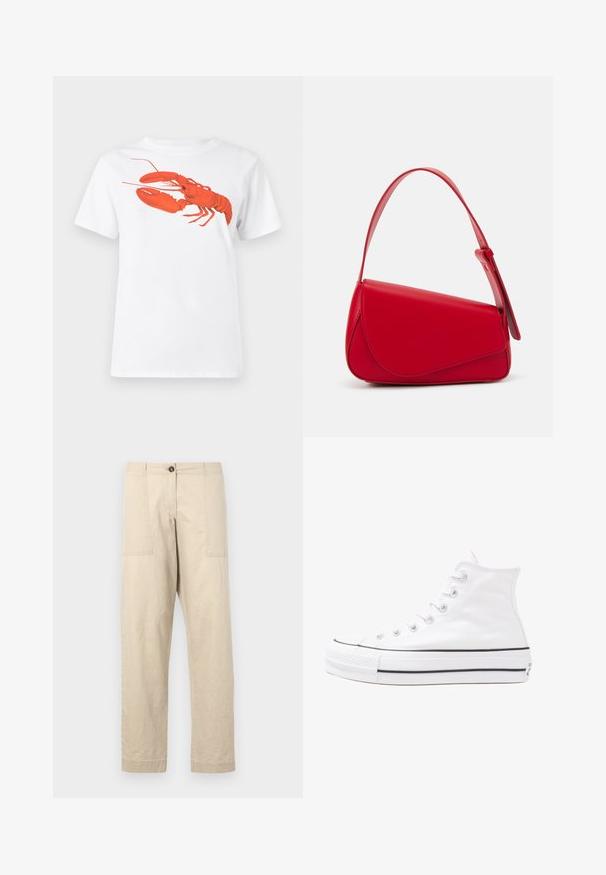 White cotton t-shirt featuring a large, bright red lobster graphic on the front. Short sleeves and standard crew neck design.; Beige cotton trousers with a straight cut, featuring front pockets, a button closure, and cuffed hems. Smooth texture and minimal design.; White high-top canvas sneaker with black rubber sole, front rubber toe cap, and six eyelets for laces, featuring a clean, minimalist design.; Red leather handbag with an angular, geometric design. Features a single adjustable strap and a flap closure with stitched detailing.