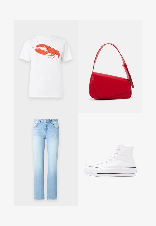 Camiseta de algodão branca com um grande gráfico de lagosta vermelha brilhante na frente. Mangas curtas e design de gola redonda padrão.; Jeans de ganga azul claro com uma silhueta larga, apresentando um fecho de botão, cinco bolsos e um padrão de desvanecimento ligeiro.; Sapatilha alta de tela branca com sola de borracha preta, bico de borracha na frente e seis ilhós para os atacadores, apresentando um design limpo e minimalista.; Bolsa de mão em couro vermelho com um design angular e geométrico. Apresenta uma única alça ajustável e um fecho com aba, com detalhes cosidos.