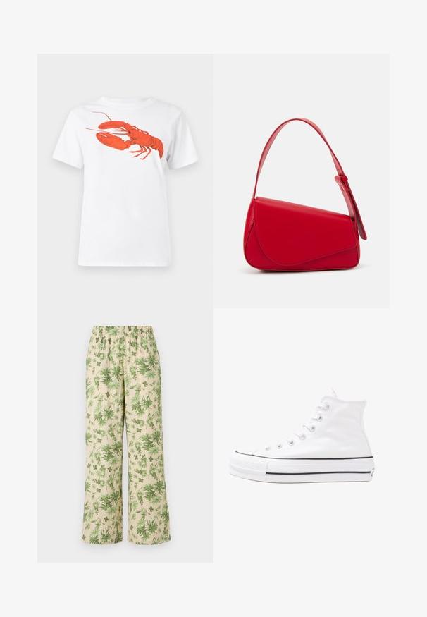 T-shirt en coton blanc avec un grand graphisme de homard rouge vif sur le devant. Manches courtes et design à col rond standard.; Pantalons larges à imprimé floral avec une taille élastique ; présentent des feuilles vertes sur un fond beige et une finition en tissu texturé.; Baskets montantes en toile blanche avec semelle en caoutchouc noir, capuchon en caoutchouc à l'avant, et six œillets pour les lacets, présentant un design épuré et minimaliste.; Sac à main en cuir rouge avec un design angulaire et géométrique. Il dispose d'une seule sangle ajustable et d'une fermeture à rabat avec un detailing cousu.