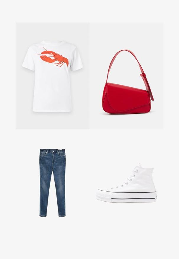 Camiseta de algodón blanca con un gran gráfico de langosta roja brillante en la parte frontal. Diseño de mangas cortas y cuello redondo estándar.; Jeans skinny de mezclilla azul oscuro con una cintura de altura media, cinco bolsillos y un desgaste sutil. Presenta cierre de botón y cremallera.; Zapatilla de lona alta blanca con suela de goma negra, puntera de goma frontal y seis ojetes para los cordones, que presenta un diseño limpio y minimalista.; Bolso de cuero rojo con un diseño angular y geométrico. Cuenta con una única correa ajustable y un cierre de solapa con detalles de costura.