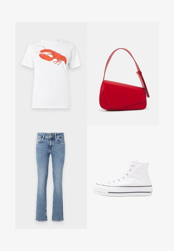Hvit bomull t-skjorte med et stort, lyst rødt hummermotiv på fronten. Korte ermer og standard rund hals-design.; Blå denim jeans med vidde, middels vask, knapplukking, fem lommer og sømdetaljer på lommene og i kanten.; Hvit høy-skinn kanvas sneakers med svart gummisåle, gummitåhette foran og seks hull for snorer, med et rent, minimalistisk design.; Rød lærveske med en vinklet, geometrisk design. Har en enkelt justerbar stropp og en klaffelukking med sydd detaljer.