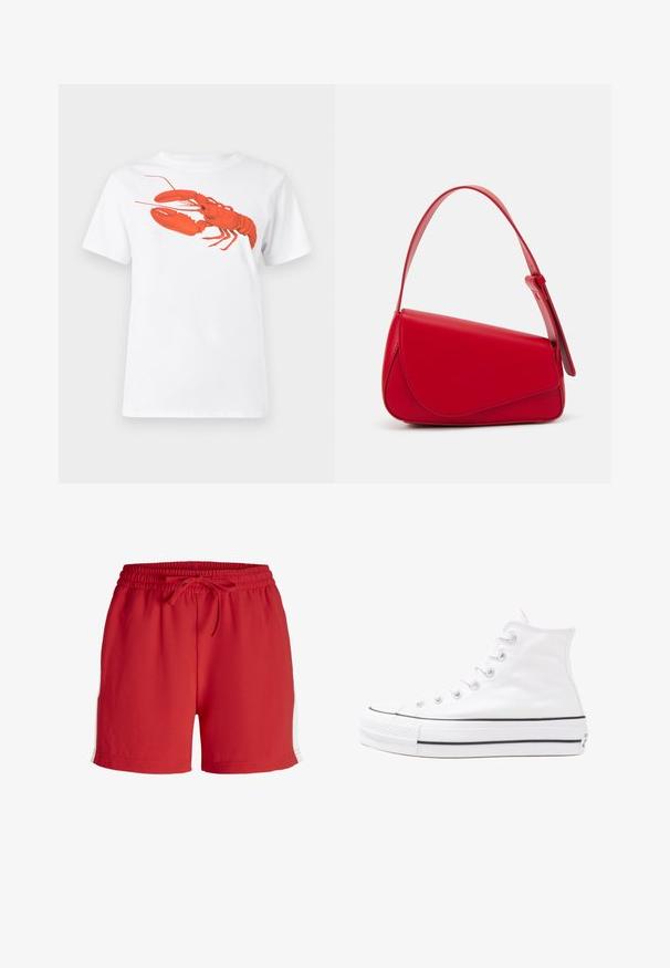 Valkoinen puuvillapaita, jossa on suuri, kirkkaan punainen hummerigrafiikka edessä. Lyhyet hihat ja standardi pyöreä kaula-aukko.; Punaiset urheilushortsit, jotka on valmistettu kevyestä materiaalista. Niissä on joustava vyötärö, johon kuuluu nyöri, sekä valkoiset sivuviivat.; Valkoiset korkeavartiset kangaskengät mustalla kumipohjalla, edessä kuminen varvasosa ja kuusi nauha-aukkoa, puhtaan minimalistisella muotoilulla.; Punainen nahkalaukku, jossa on kulmikas, geometrinen muotoilu. Varustettu yhdellä säädettävällä hihnalla ja läpällä, jossa on ommeltu yksityiskohtia.