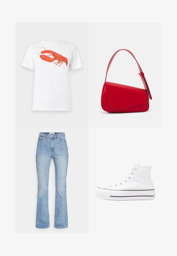 Balta kokvilnas T-krekls ar lielu, spilgti sarkanu omāru grafiku uz priekšu. Īsas piedurknes un standarta apļveida kakla dizains.; Gai zila džinsu bikses ar platām kājām un augstu jostas vietu, ar klasisku piecu kabatu dizainu un redzamām šuvēm uz vīlēm.; Balti augstie kanvas sporta apavi ar melnu gumijas zoli, priekšējo gumijas purngalu un sešām acīm lencēm, kuriem ir tīrs, minimālistisks dizains.; Sarkans ādas rokassomi ar stūrainu, ģeometrisku dizainu. Iekļauj vienu regulējamu siksnu un vāku ar izšūtu detaļu.