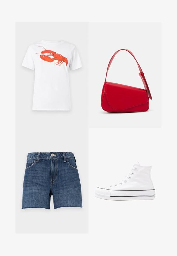 Fehér pamut póló, amelyen elöl egy nagy, élénkpiros homár grafika látható. Rövid ujjú és standard környakú kialakítás.; Sötétkék farmer rövidnadrág nyers szegéllyel. Öt zsebes kialakítás, elöl fém gombos záródással. Varrott részletek az egész darabon.; Fehér magaskorsó vászon sportcipő fekete gumi talppal, elülső gumi orrnyereggel és hat fűzőlyukkal, letisztult, minimalista dizájnnal.; Piros bőr kézitáska szögletes, geometrikus kialakítással. Egy állítható pánttal és varrott részletekkel ellátott fedélzárral rendelkezik.