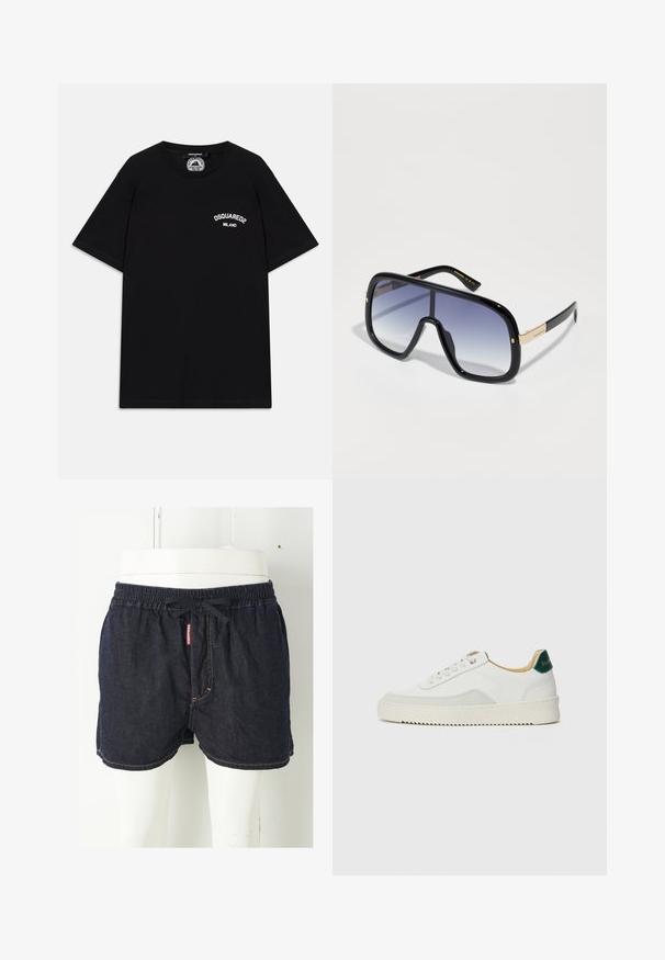 Tricou negru din bumbac cu mâneci scurte, având logo-ul alb "DSQUARED2 MILANO" pe piept. Design cu gât rotund, textură netedă.; Pantaloni scurți din denim bleumarin închis, cu talie elastică, șnur și cusături contrastante de culoare galbenă. Prezintă o etichetă de marcă pe față.; Sneaker alb cu accente din suede, vârf rotund, șireturi plate și o talpă din cauciuc crem. Are un logo verde pe călcâie.; Ochelari de soare supradimensionați, de culoare neagră, cu lentile gradient în nuanțe de violet, finisaj lucios și accente aurii pe brad. Formă rectangulară a ramei.