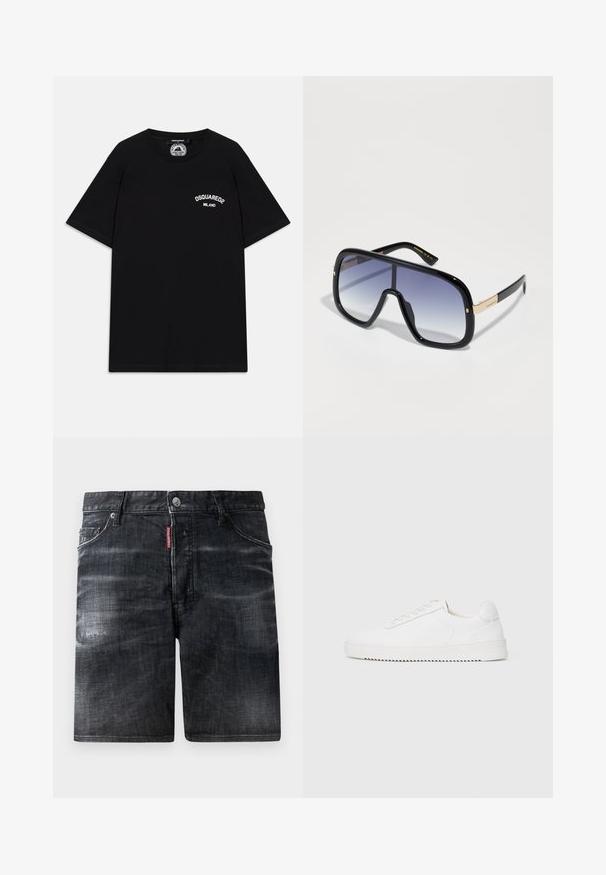 Tricou negru din bumbac cu mâneci scurte, având logo-ul alb "DSQUARED2 MILANO" pe piept. Design cu gât rotund, textură netedă.; Shorts din denim negru cu un design estompat, stil cinci buzunare și închidere cu un nasture metalic. Prezintă un eticheta de brand vizibilă pe brâu.; Adidași albi cu un superior din piele fină, vârf rotunjit, șireturi, accente laterale texturate și o talpă groasă din cauciuc. Design minimalist.; Ochelari de soare supradimensionați, de culoare neagră, cu lentile gradient în nuanțe de violet, finisaj lucios și accente aurii pe brad. Formă rectangulară a ramei.