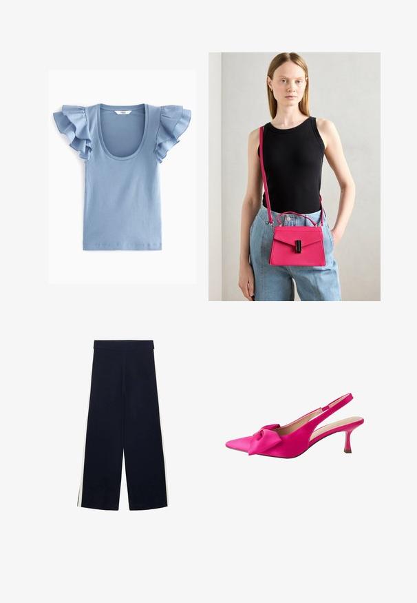 Helles blaues, rippiertes Kurzarmoberteil mit Rüschendetails an den Schultern und einem runden Halsausschnitt. Glatte Textur mit tailliertem Schnitt.; Marineblaue weite Hosen mit hohem Bund und weißen Seitenstreifen, flach auf einem weißen Hintergrund ausgelegt.; Next FOREVER COMFORT BOW REGULAR FIT - Pumps - pink; Rosa strukturierte Handtasche mit Klappenverschluss und schwarzen Akzenten. Als Umhängetasche mit langem Tragegurt getragen. Glatte Textur.