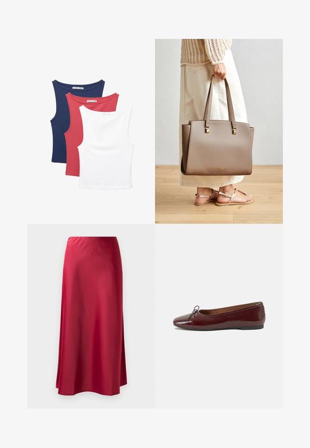 Drei ärmellose Tanktops: marineblau, rot und weiß. Weicher, elastischer Stoff mit runden Ausschnitten und einem klassischen Schnitt.; Roter Satin-Langrock mit glatter Textur, leicht ausgestellter Form und seitlichem Schlitz für Bewegungsfreiheit. Keine sichtbaren Beschläge oder Verzierungen.; Burgunderfarbenes, lackiertes Ballettschuh mit abgerundetem Zehenbereich, kleiner Schleifenakzent vorne und einer niedrigen, schwarzen Gummisohle. Glatte Textur.; Braune synthetische Tragetasche mit zwei langen Griffen, quadratischen metallischen Akzenten und einem dezenten Logo. Getragen mit einem hellcremigen Rock und Sandalen.