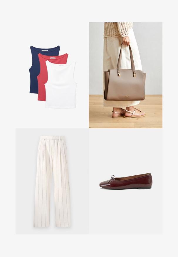 Tri sleeveless majice: mornarsko modra, rdeča in bela. Mehka, raztegljiva tkanina z okroglimi izrezi in klasičnim krojem.; Pločaste hlače širokih nogavic v off-white tkanini z ozkimi navpičnimi sivočrnimi črtami. Imajo oprijet pas in sproščen kroj skozi noge.; Burgundska patenti usnjeni baletni čevlji z zaobljenim prstom, majhnim lokom na sprednji strani in nizkim črnim gumijastim podplatom. Gladka tekstura.; Rjav sintetični tote nahrbtnik z dvema dolgima ročajema, kvadratnimi kovinskimi detajli in subtilnim logotipom. Nosi se z svetlo kremasto krilo in sandali.